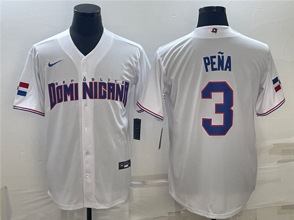 Men's Dominican Republic Baseball #3 Jeremy Peña 2023 White World Baseball Classic Stitched Jersey